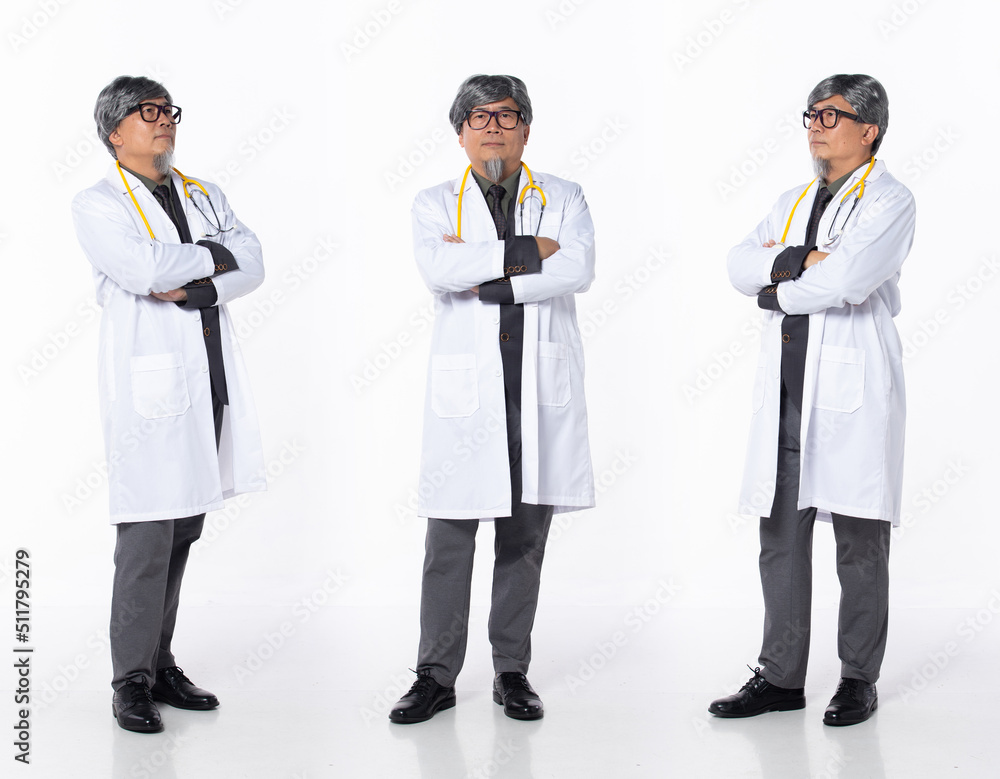 Full length 50s 60s Asian Chinese Hospital Doctor Medical man, cross arms thinking Full length 50s 60s Asian Chinese Hospital Doctor Medical man, cross arms thinking