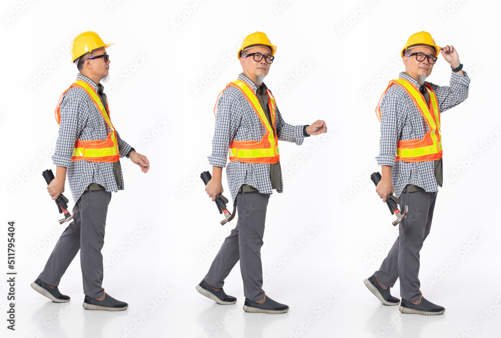 Full length 50s 60s Asian Chinese contractor builder engineer man, walking forward left right Full length 50s 60s Asian Chinese contractor builder engineer man, walking forward left right