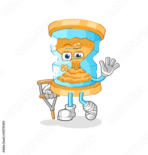 hourglass sick with limping stick. cartoon mascot vector