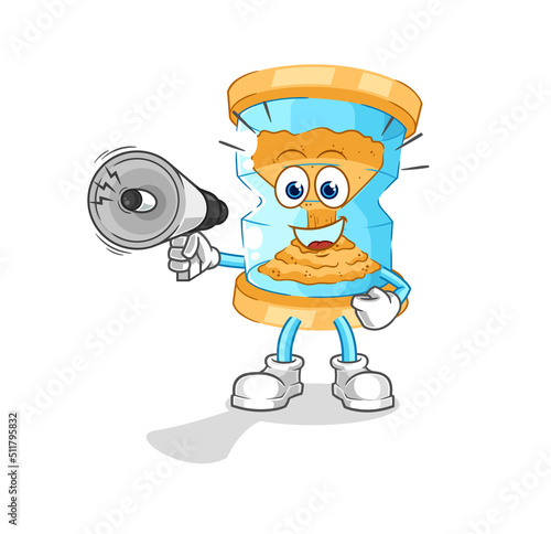 hourglass holding hand loudspeakers vector. cartoon character