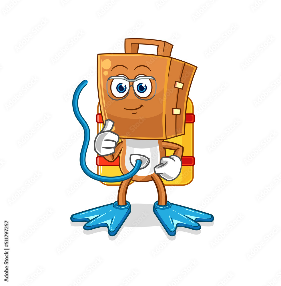 suitcase head diver cartoon. cartoon mascot vector