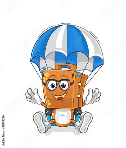 suitcase head skydiving character. cartoon mascot vector