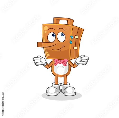 suitcase head lie like Pinocchio character. cartoon mascot vector