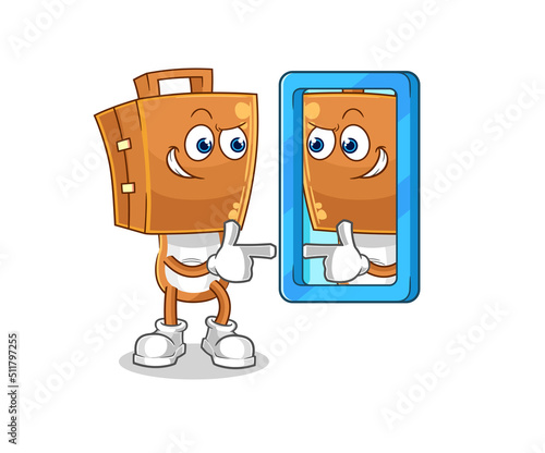 suitcase head looking into mirror cartoon. cartoon mascot vector