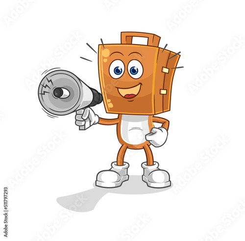 suitcase head holding hand loudspeakers vector. cartoon character