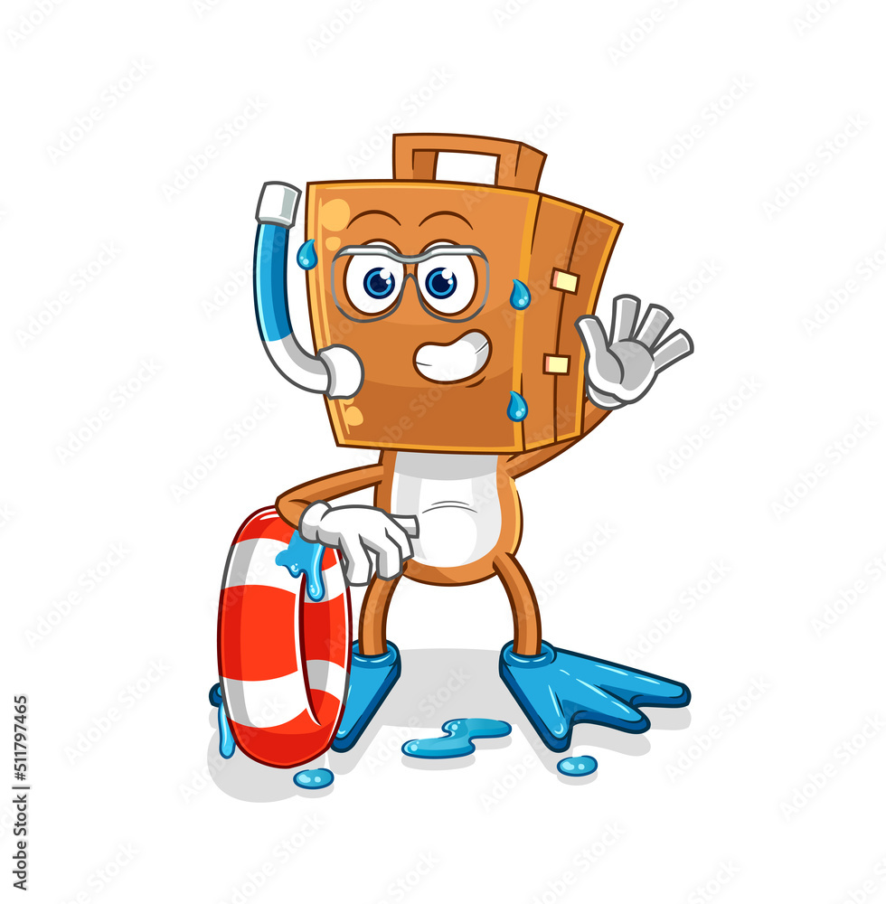 suitcase head swimmer with buoy mascot. cartoon vector