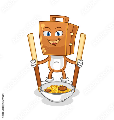suitcase head eat noodle cartoon. character mascot vector