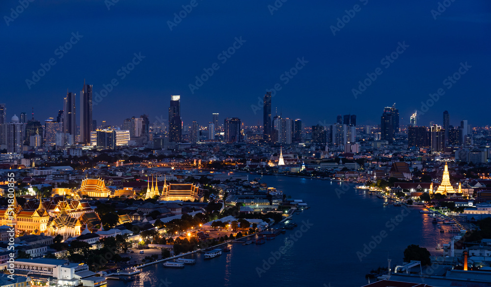 Cityscape of Bangkok at Twilight with View of Grand Palace and Chao Phraya River From Above