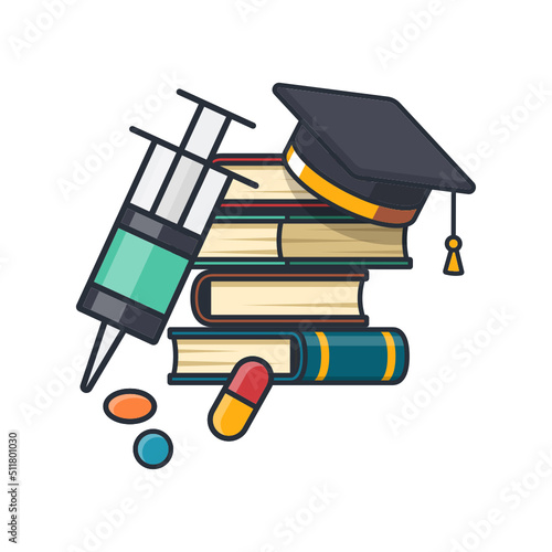 Collection colored thin icon of medical learning subject, injection needle, drug, book, graduated hat , learning and education concept vector illustration.