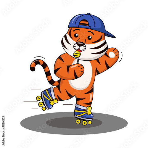 Cartoon illustration of a tiger playing roller skates
