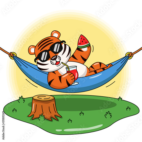 Cartoon illustration of a tiger drinking fruit juice
