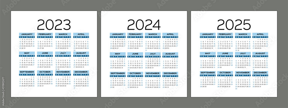 Calendar 2023, 2024 and 2025 years. Square vector calender design Calendar 2023, 2024 and 2025 years. Square vector calender design
