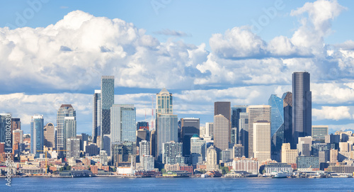 Downtown Seattle  Washington  United States of America. View of the Modern City on the Pacific Ocean Coast. Cloudy Blue Sky.