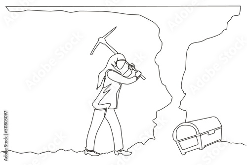 Continuous one line drawing Arabian businesswoman digging with pickaxe looking for hidden treasures. Woman digging and mining for treasure chest in underground tunnel. Single line draw design vector