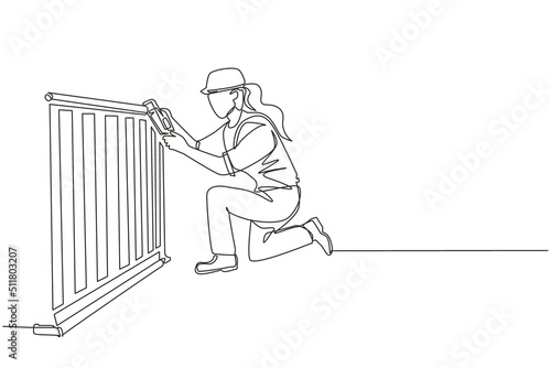 Single continuous line drawing plumber repair and installation of batteries. Repairwoman fixing pipes in heater battery radiator. Repair, maintenance professional service. One line draw design vector