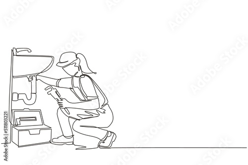 Continuous one line drawing plumber worker repairs sink in bathroom and plumbing pipes. Handywoman makes house repair works. Home repair, maintenance services concept. Single line draw design vector