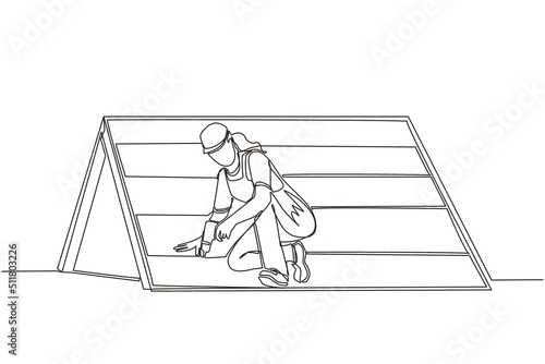 Continuous one line drawing roofer installing wooden or bitumen shingle. Roofer woman fixing house roof with electric screwdriver. Repairwoman worker repair occupation. Single line draw design vector