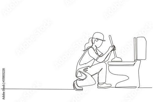 Single continuous line drawing toilet cleaning, plumbing service. Plumbing toilet leakage or clogging. Plumber repairwoman. Sewage system. Toilet bowl and sewer. One line draw graphic design vector