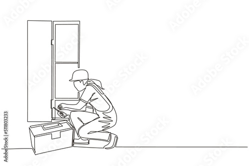 Single one line drawing repair, maker or constructions of wood home furniture. Woman carpenter is assembling of wardrobe or cabinet with shelves. Modern continuous line draw design graphic vector