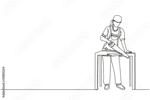 Continuous one line drawing female builder or carpenter repairwoman sawing boards. Building  construction  repair work services. Business concept. Single line draw design vector graphic illustration