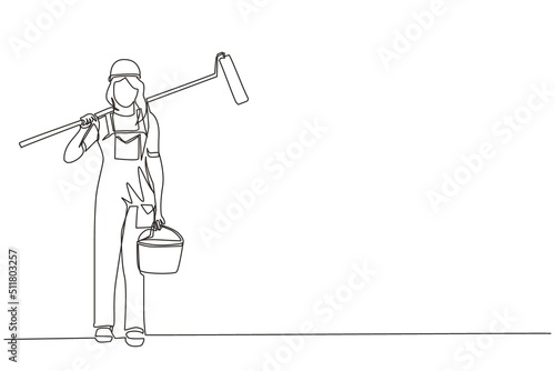 Single continuous line drawing female painter with bucket of paint and paint roller. Professional repairwoman in overalls on the background of apartment renovation. One line draw graphic design vector