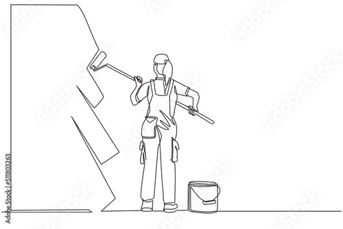Single continuous line drawing painter decorator repairwoman people at work. Woman repair worker holding paintbrush roller, painting house apartment wall, home renovation. One line draw design vector