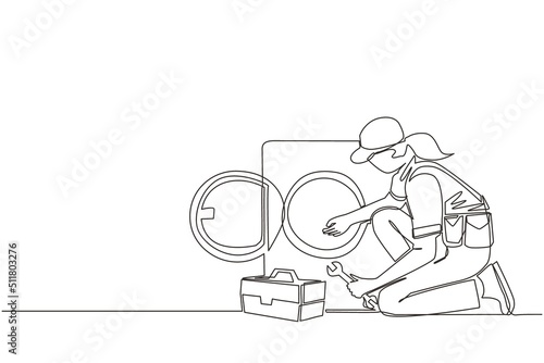 Single continuous line drawing professional repairwoman fixing washing machine at home. Plumbing specialist with toolbox fixing, repairing washer, washing machine. One line draw graphic design vector