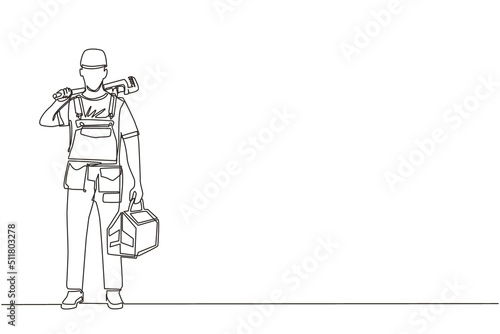 Continuous one line drawing man plumber holding wrench and tools box in hands stands isolated. Professional serviceman character in uniform ready for work. Single line draw design vector illustration