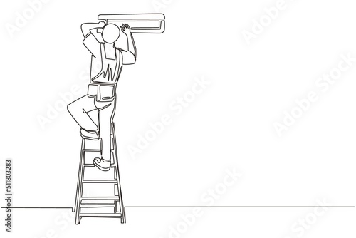 Single continuous line drawing air conditioning repair. Repairman technician man repairing air conditioner. Air conditioning unit repair, maintenance professional service. One line draw design vector