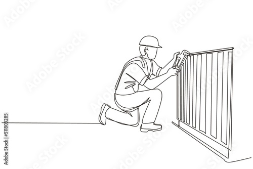 Single continuous line drawing Plumber repair and installation of batteries. Repairman fixing pipes in heater battery radiator. Repair, maintenance professional service. One line draw design vector photo