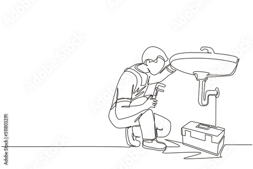 Continuous one line drawing plumber worker repairs sink in bathroom and plumbing pipes. Handyman makes house repair works. Home repair and maintenance services concept. Single line draw design vector