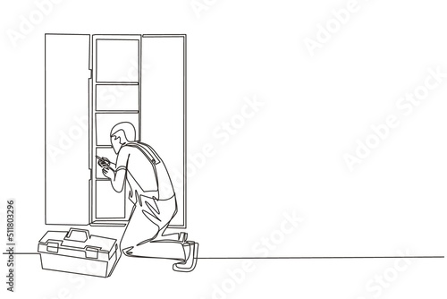 Continuous one line drawing repair, maker or constructions of wood home furniture. Man carpenter is assembling of wardrobe or cabinet with shelves. Single line draw design vector graphic illustration