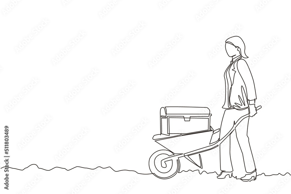 Single one line drawing happy businesswoman in blazer pushing cart with treasure chest. Wheelbarrow with gold, jewelry, treasures. Business, finance concept. Continuous line draw design graphic vector Single one line drawing happy businesswoman in blazer pushing cart with treasure chest. Wheelbarrow with gold, jewelry, treasures. Business, finance concept. Continuous line draw design graphic vector