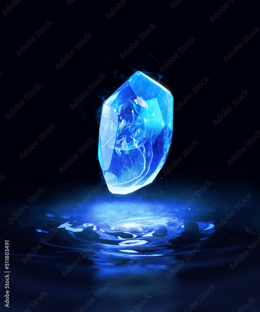 Magical blue gem stone floating over water. 3D Rendering, illustration Magical blue gem stone floating over water. 3D Rendering, illustration