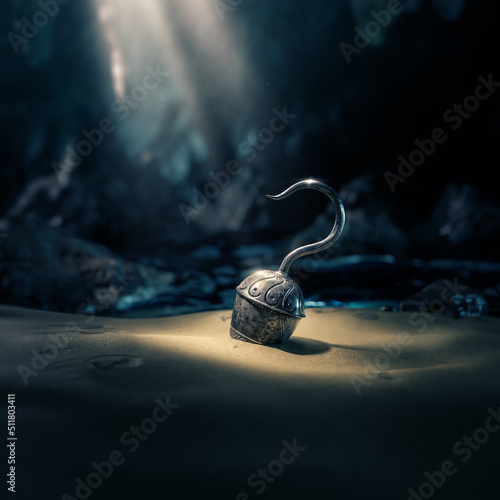Fotografiet 3D rendering / illustration of a pirate's hook in a dark cave
