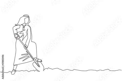 Single one line drawing Arabian businessman digging in dirt using shovel. Man dig ground with spade. Business metaphor. Hard working process. Continuous line draw design graphic vector illustration