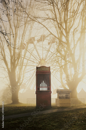 Old carnival with a ferris wheel on a foggy day. 3D rendering, illustration photo