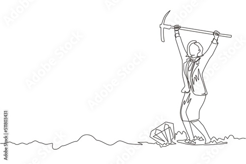 Single one line drawing businesswoman in hole prancing happily while lifting pickaxe with both hands, finding diamond or precious stone. Modern continuous line draw design graphic vector illustration