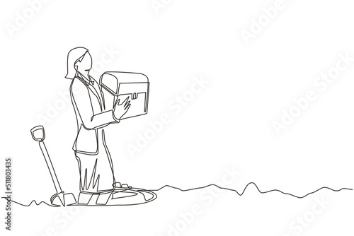 Continuous one line drawing happy woman hunter seeker hold chest find treasure in ground. Excited businesswoman with gem artefact. Treasure gold hunting. Single line design vector graphic illustration