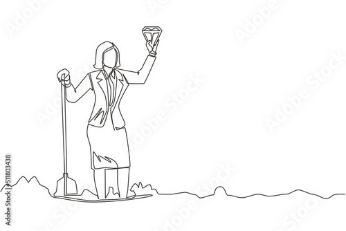 Single one line drawing happy businesswoman hold and find diamond from ground. Excited treasure seeker with precious stone in hand. Treasure gold hunting. Continuous line draw design graphic vector