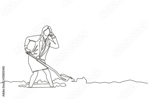 Continuous one line drawing businesswoman wipes sweat on her forehead while digging hole. Worker never give up to finish her job. Work hard concept. Single line draw design vector graphic illustration