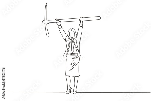 Continuous one line drawing businesswoman standing and lifting big pickaxe. Business concept. Depicts hard work, success, achievement, discovery. Single line draw design vector graphic illustration