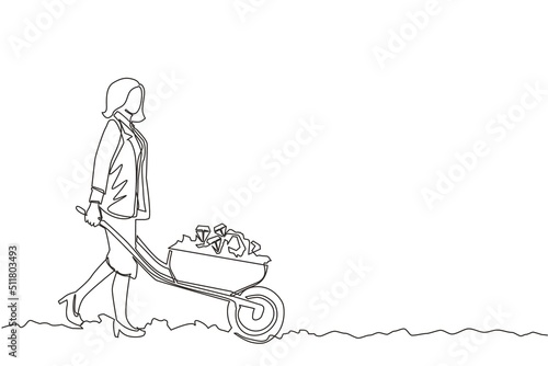 Single continuous line drawing happy businesswoman in blazer pushing cart full of diamonds. Wheelbarrow with golds, jewelry, precious stone. Business and finance concept. One line draw design vector photo