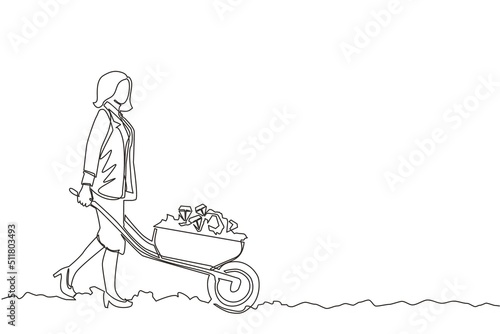 Single continuous line drawing happy businesswoman in blazer pushing cart full of diamonds. Wheelbarrow with golds, jewelry, precious stone. Business and finance concept. One line draw design vector