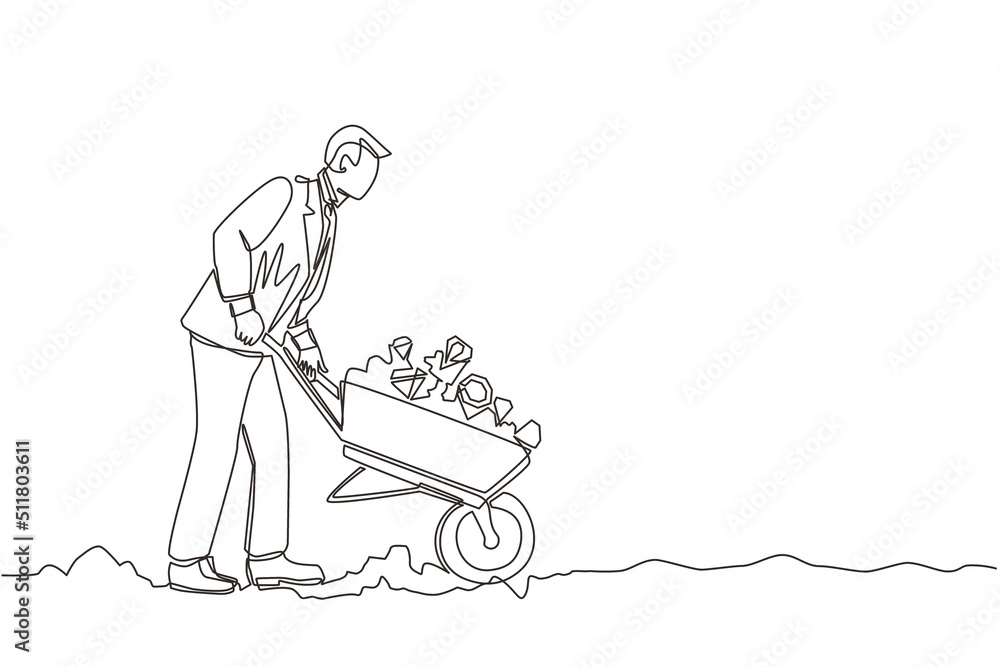 Continuous one line drawing happy businessman in suit pushing cart full of diamonds. Wheelbarrow with golds, jewelry, precious stone. Business, finance concept. Single line draw design vector graphic