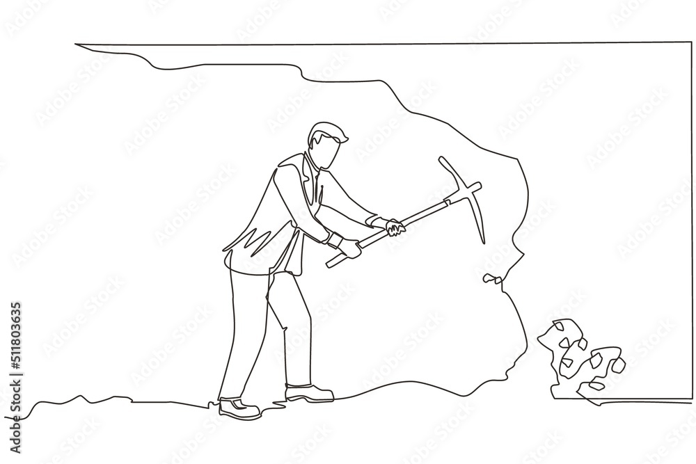 Single continuous line drawing businessman digging with pickaxe to get diamond. Worker digging and mining for diamond in an underground tunnel. Dynamic one line draw graphic design vector illustration