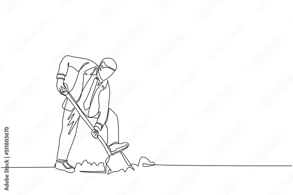 Single one line drawing businessman digging in dirt using shovel. Man in suit dig ground with spade. Business metaphor. Hard working process. Modern continuous line design graphic vector illustration