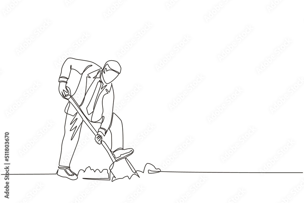 Single one line drawing businessman digging in dirt using shovel. Man in suit dig ground with spade. Business metaphor. Hard working process. Modern continuous line design graphic vector illustration Single one line drawing businessman digging in dirt using shovel. Man in suit dig ground with spade. Business metaphor. Hard working process. Modern continuous line design graphic vector illustration
