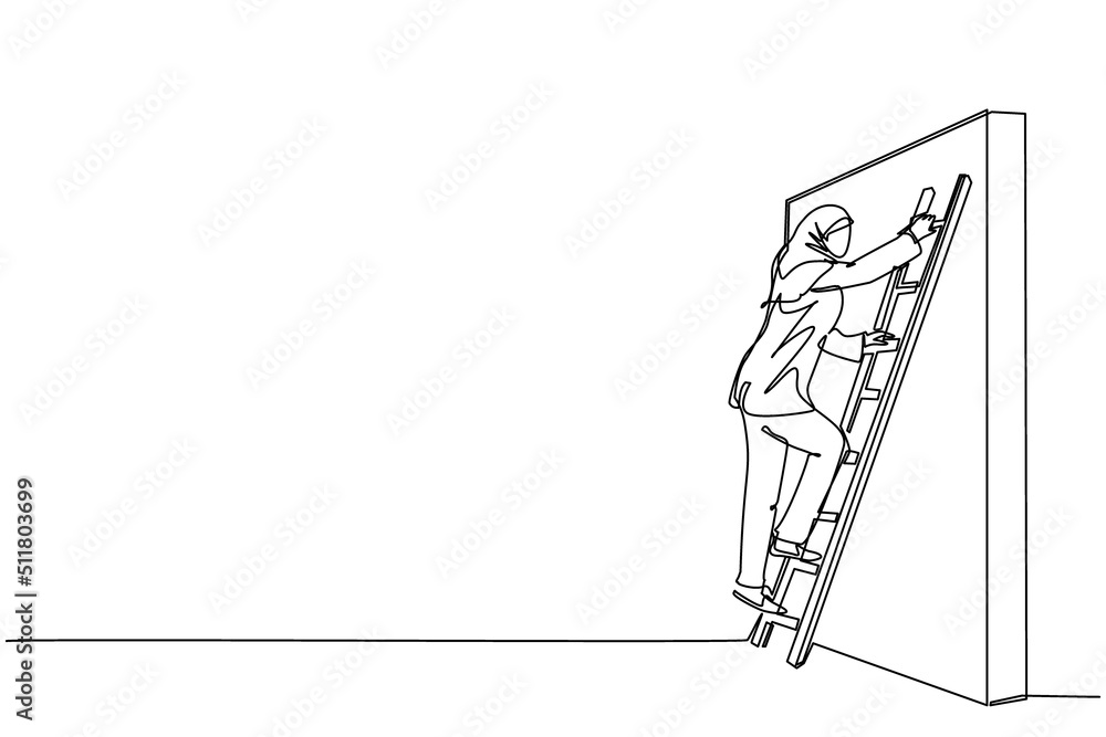 Continuous one line drawing Arab businesswoman climbing up the wall with ladder. Business obstacle metaphor. Symbol for career growth, finding creative solution. Single line draw design vector graphic