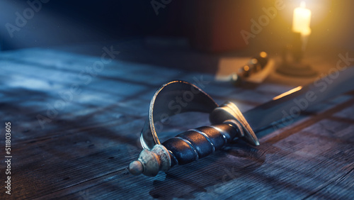 a pirate's cutlass sword on a desk at night. 3D Rendering, illustration photo